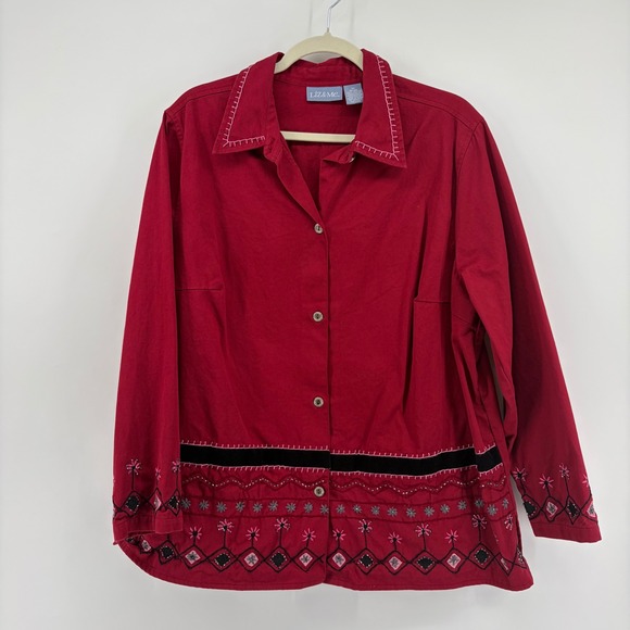 Liz & Me Tops - Liz & Me Womens 1X Red Button Up Shirt Embroidered Boho Cotton Long Sleeve Top